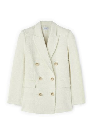 Dwurzędowa marynarka z fakturowanej białej tkaniny. Posiada złote guziki, klapy i dwie przednie kieszenie. Strukturalny fason z dopasowanym krojem.