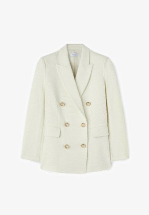 Dwurzędowa marynarka z fakturowanej białej tkaniny. Posiada złote guziki, klapy i dwie przednie kieszenie. Strukturalny fason z dopasowanym krojem.