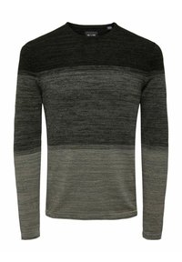 Langärmliger Pullover in dunkelgrünen und grauen Tönen, mit einem strukturierten Strickmuster, Rundhalsausschnitt und unterschiedlichen horizontalen Mustern am Körper.