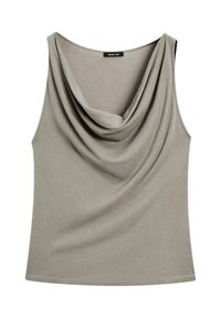 Cowl-neck sleeveless top in soft, muted gray fabric with a relaxed fit, featuring a smooth texture and no visible hardware.