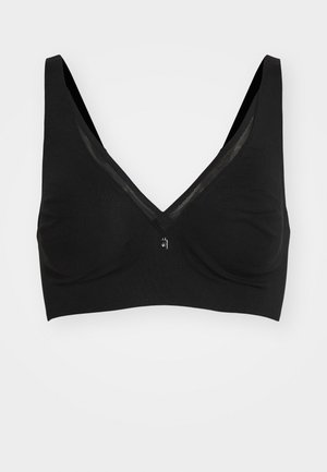 Mustat langattomat braletit, jotka on valmistettu sileästä kankaasta. Ominaisuuksia ovat V-mallinen kaula-aukko ja läpikuultava reunus. Ei näkyviä kiinnikkeitä tai sulkimia.