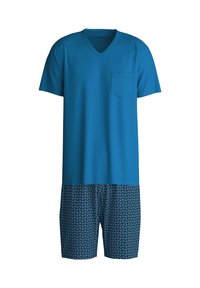 T-shirt bleu à col V avec poche, associé à un short bleu à motifs présentant un design géométrique. Fabriqué en tissu confortable.