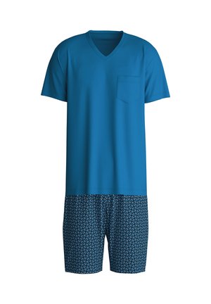 Blauwe V-hals T-shirt met zak, gecombineerd met gestreepte blauwe shorts met een geometrisch patroon. Gemaakt van comfortabele stof.