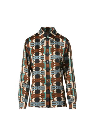 Chemise à manches longues avec un motif de chaîne géométrique audacieux dans des tons de brun, bleu sarcelle et crème sur un fond bleu marine foncé ; fermeture par boutons et col.