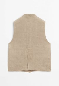 Beige utan ärmar väst med hög krage, gjord av texturerat tyg, med en centralt bak söm och en något böjd kant.