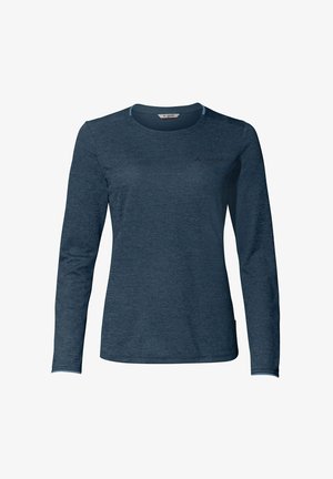 Navyblauw, nauwsluitend t-shirt met lange mouwen en ronde hals, voorzien van een subtiel merklogo op de linkerborst.