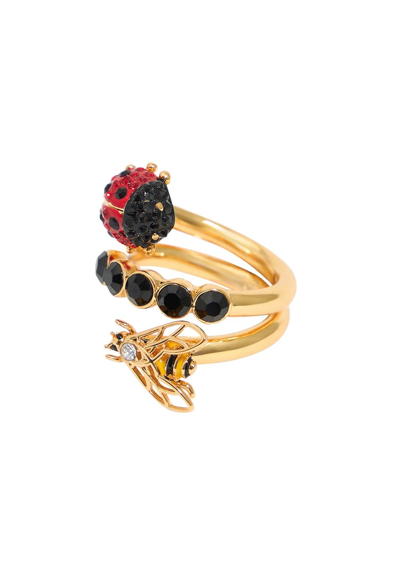 Gold-tone ring set featuring three bands: one with a red and black ladybug, one with black gemstones, and one with a bee design.