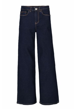 Wide-leg jeans in dark denim with visible stitching, a button closure, and front pockets. Simple design with a smooth texture.