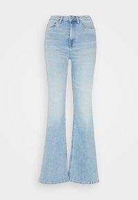 Ljusblå utsvängda jeans i denim med hög midja, framficka, subtil blekning och fållat nederkant med en lätt utsvängning.