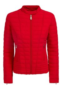 Veste matelassée rouge avec fermeture éclair à l'avant, col montant et deux poches latérales zippées. Présente une texture matelassée et une silhouette ajustée.