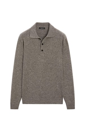 Szary sweter z dzianiny z kołnierzem, rozpinany na trzy guziki, z prążkowanymi mankietami i dołem. Wykonany z miękkiej przędzy o gładkiej fakturze.