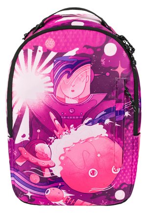 Lila und rosa Rucksack mit einem weltraumthemen Design, das Charaktere, Planeten und Sterne zeigt; aus strapazierfähigem Stoff gefertigt und in strukturiertem Format.