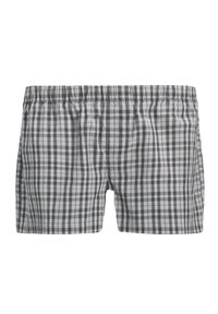 Costume de baie gri în carouri, realizat dintr-un material ușor. Dispune de un brâu elastic și o croială clasică, cu un amestec de pătrate gri închis și gri deschis.