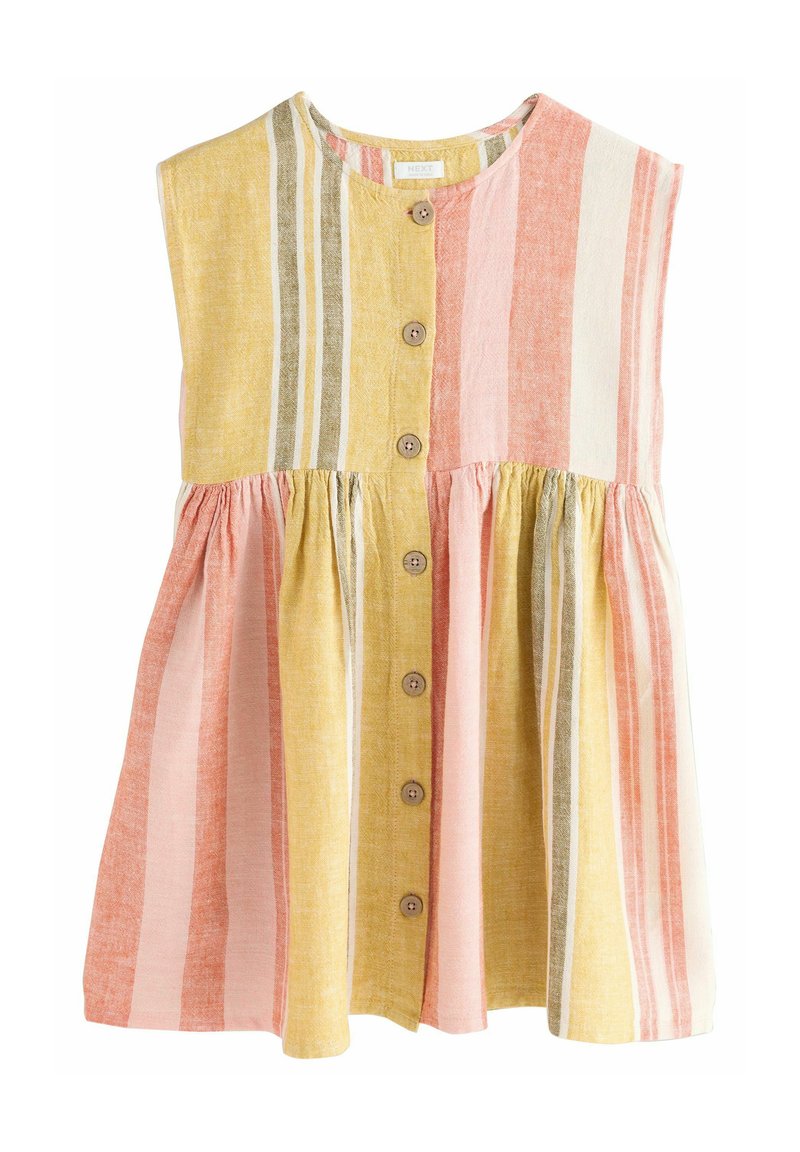 Robe sans manches à rayures avec un col rond, fermeture à boutons et taille froncée. Les couleurs incluent le jaune, le rose et le vert.