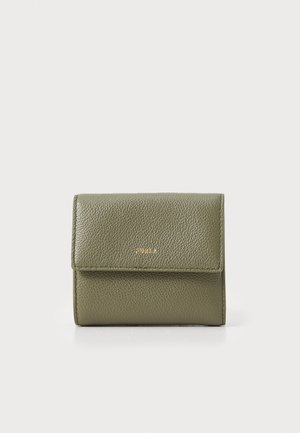 Green leather wallet with a textured finish, featuring a fold-over flap and embossed logo on the front. Compact rectangular shape.