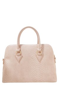 Light pink handbag with a textured snake print, structured shape, dual top handles, and gold-tone hardware accents. Features triangular details.