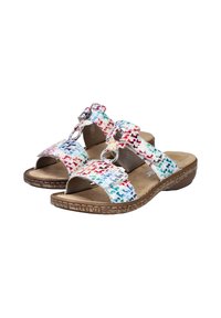 Sandales blanches avec un design de semelle coloré, orteils ouverts, deux larges brides avec des éléments ronds, et une semelle beige texturée.