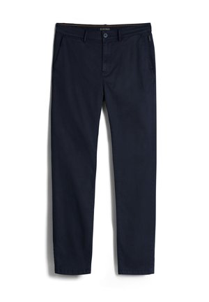 Marineblauwe chino's van katoen, met een platte voorkant, twee zijzakken en een slank, recht model.