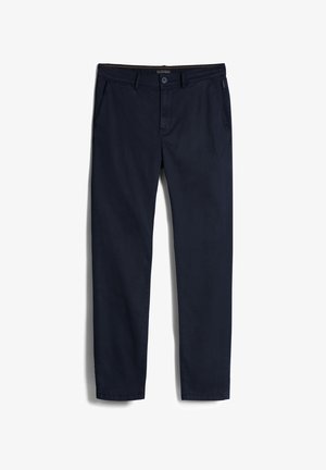 Granatowe chinosy wykonane z bawełnianej tkaniny, z płaskim przodem, dwoma bocznymi kieszeniami i eleganckim, prostym krojem nogawek.