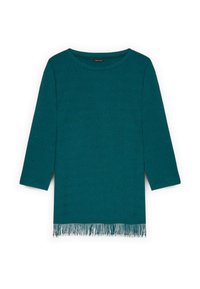 Top tricotat de culoare teal, cu mâneci trei sferturi, având un tiv cu franjuri și un model texturat cu mici găuri pe întreaga țesătură.