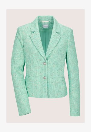 Mintgroene blazer van gestructureerde stof, met een klassieke reverskraag, twee knopen en zijzakken. Soepele binnenvoering.