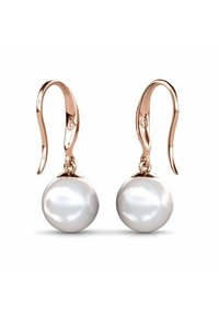 Orecchini in oro rosa con goccia di perla bianca liscia, con un delicato design a gancio e una finitura lucida per un aspetto raffinato.