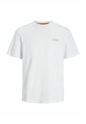 Valge puuvillane T-särk ümarate krae, lühikeste varrukate ja väikese oranži logoga vasakul rinnal. Sile tekstuur, regulaarne istuvus.