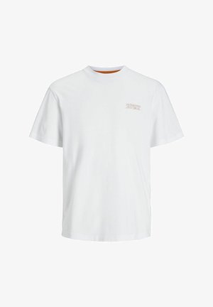 Biała bawełniana koszulka z okrągłym dekoltem, krótkimi rękawami i małym pomarańczowym logo na lewej piersi. Gładka faktura, regularny krój.