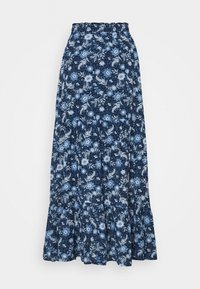 Blommig maxikjol med marinblå bas och ljusblå blommönster. Har en smockad midja och en utställd nederkant. Tillverkad av lätt tyg.