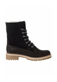 Bottines en daim noir avec une semelle en caoutchouc marron, dotées de lacets noir et blanc, d'œillets hexagonaux et d'une doublure intérieure douce.