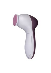 Lima de pie eléctrica de mano con cuerpo blanco y púrpura y cabeza abrasiva redonda rosa para eliminar callos.