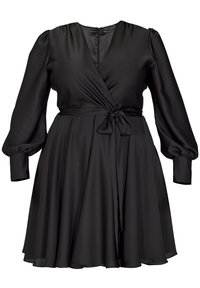 Vestido negro envolvente de tejido suave, con escote en V, mangas largas abullonadas, un lazo en la cintura y una falda acampanada.
