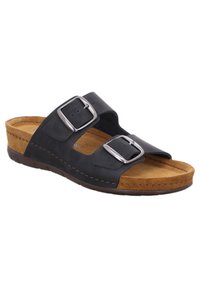 Sandalo slide in pelle nera con due fibbie argentate, sottopiede in sughero e suola in gomma marrone. Presenta cuciture lungo i bordi per un tocco di dettaglio.