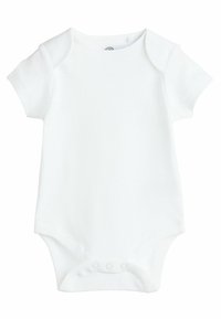 Kortärmad vit babydräkt i mjuk bomull. Har tryckknappar i botten och en rundad halsringning med axelknappar.
