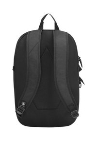 Black backpack featuring a durable fabric, mesh padding on the back and straps, a geometric design, and adjustable hardware accents.