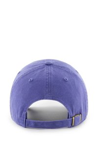 Purple cotton baseball cap with a curved brim, adjustable strap, and textured fabric. Features a stitched top button and ventilation holes.