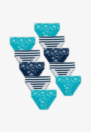 Ein Set aus 10 Baumwollunterhosen in verschiedenen Blau- und Marine-Tönen, mit Mustern von Dinosauriern und Streifen, ausgestattet mit elastischen Taillenbündchen.