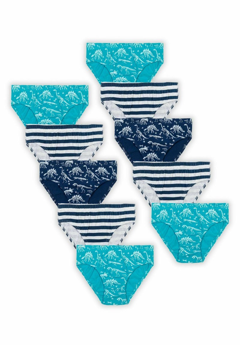 Un set di 10 mutande di cotone in diverse tonalità di teal e blu navy, con motivi di dinosauri e righe, dotate di cinture elastiche.