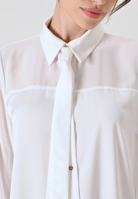 Blusa bianca con colletto e dettaglio cravatta. Tessuto trasparente, chiusura con bottoni e cucitura orizzontale sul petto. Texture liscia.