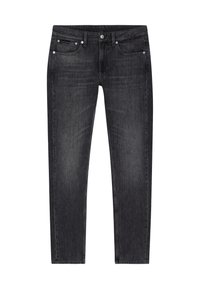 Jeans in denim nero con vestibilità slim, dotati di chiusura a bottone, design a cinque tasche e dettagli di sbiadimento sottili sul tessuto.