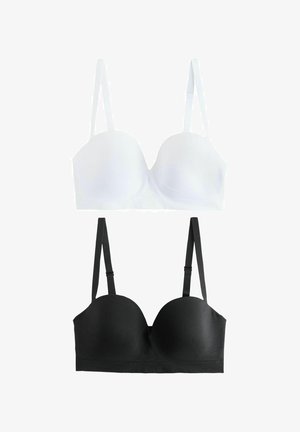 Dve vypchávkové podprsenky s nastaviteľnými ramienkami, jedna biela a jedna čierna, zobrazené na jednoduchom bielom pozadí.