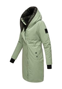 Long green puffer coat with a black hood, zip closure, and snap buttons. Features ribbed black cuffs and a logo patch on the sleeve.