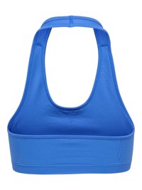 Brassière de sport bleue sans coutures avec dos nageur, large bande sous-poitrine et panneaux en tissu respirant.