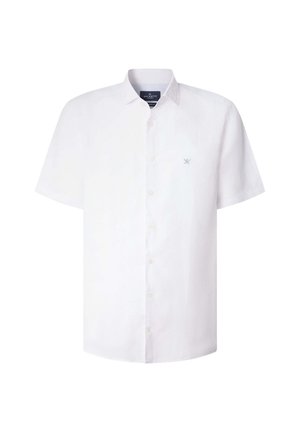 Wit overhemd met korte mouwen, knopen en kraag, met een klein geborduurd logo van gekruiste roeiriemen op de linkerborst, van Hackett London.