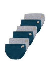 Fünf Paare Slips, zwei grau und drei aquablau. Baumwollstoff, glatte Textur, mittlere Leibhöhe, mit einem dezenten Logo-Patch.