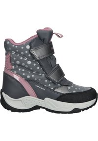 Scarpe alte grigie con accenti rosa, motivo a pois, cinturini in velcro e una suola nera in gomma testurizzata progettata per un utilizzo impermeabile.