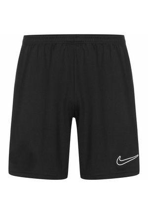 Schwarze Sportsshorts mit elastischem Bund und weißem Nike-Swoosh-Logo am unteren rechten Bein.