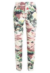 Flerfärgade mönstrade byxor med blommönster och landskapsdesign i nyanser av rosa, grönt, gult och svart. Tillverkade av canvasmaterial.