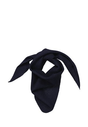 Sciarpa blu navy, realizzata in tessuto morbido, attorcigliata in un cerchio con estremità appuntite. Nessun motivo visibile o accessori, presenta una consistenza liscia.