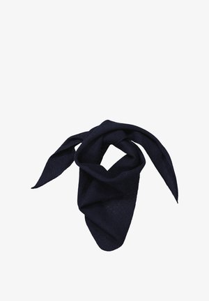 Écharpe bleu marine, en tissu doux, tordue en boucle avec des extrémités pointues. Pas de motifs ni de pièces métalliques visibles, avec une texture lisse.